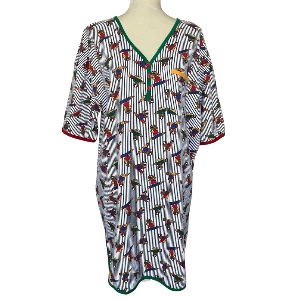 Vintage 90s Avon Christmas Pajama Dress Women’s Size M/L Teddy Bear Pencil Print